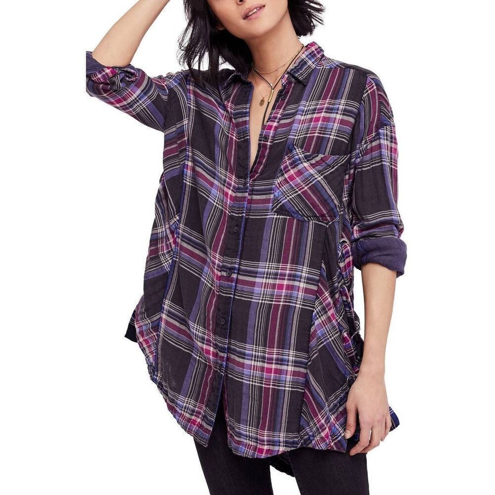 Free People Nordic Day Top Plaid Lace Up Sides Oversized Size S Boho, Slouchy